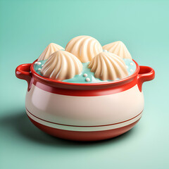 Wall Mural - Delicious meringues in a saucepan on a blue background