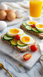 healthy food picture. egg and vegetable sandwiches on a wooden tray