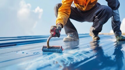 Close shot of a roofer skillfully applying a new color spray, featuring modern paint technology for roofing, against an isolated background