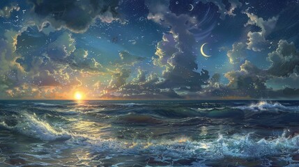 Poster - The scene at the seaside on the summer solstice is captivating with the rhythmic crash of ocean waves below a sky where the sun and moon coexist This creates a beautiful representation of t