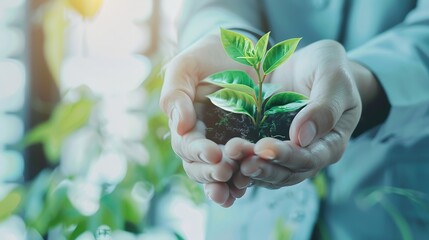 Business hands holding green plants together are the symbol of green business company agriculture and collaboration in a green business Ecosystem and Organization Development Cooperati : Generative AI