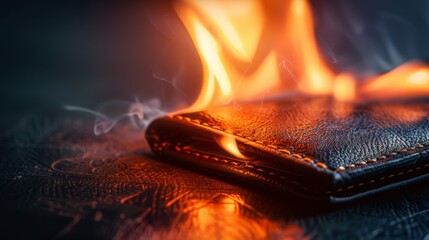 Artistic close-up of a black leather wallet ablaze, symbolizing the burn of overspending, set against a stark, isolated backdrop