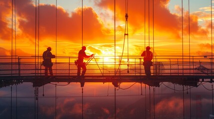 Workers building a bridge in the early morning light, abstract  , background