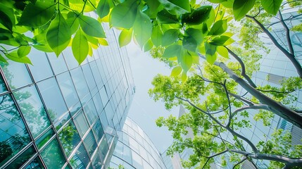 Ecofriendly building in the modern city Green tree branches with leaves and sustainable glass building for reducing heat and carbon dioxide Office building with green environment Go gr : Generative AI