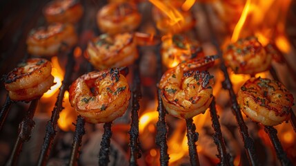 Wall Mural - Close-up view of succulent shrimp grilling on a hot barbecue grill with flames, ready to be served