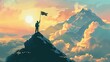 Silhouette of man planting and raising flag on mountain top with beautiful sunset or sunrise view.