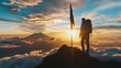Silhouette of man planting and raising flag on mountain top with beautiful sunset or sunrise view.