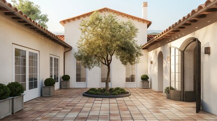 Wall Mural - A Mediterranean villa exterior with terracotta tiles, a sun-drenched courtyard with an olive tree center, and white stucco walls, offering a timeless appeal and warmth.