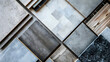 © Generative AI - top view of interior finishing material combination containing wooden and concrete vinyl tiles white laminate  grey fabric grey interior wallpaper and synthesis stone samples : Generative AI