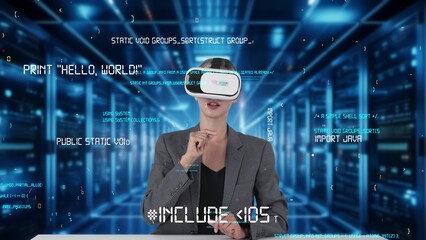 IT developer analyzing intelligent website development coder system running data by VR glasses screen innovation interface digital infographic network technology visual hologram server. Contraption.