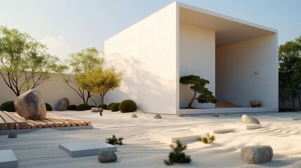 Wall Mural - A minimalist, cube-shaped house exterior with a stark, white  section ade, hidden entrance, and an outdoor Zen garden featuring sand, rocks.