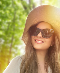 Wall Mural - Beauty, summer holiday and fashion, face portrait of happy woman wearing hat and sunglasses, for skincare cosmetics, sunscreen spf lifestyle look idea