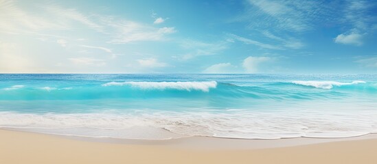 Aufkleber - A serene tropical beach with soft sand and gentle ocean waves that create a soothing atmosphere Perfect for a copy space image