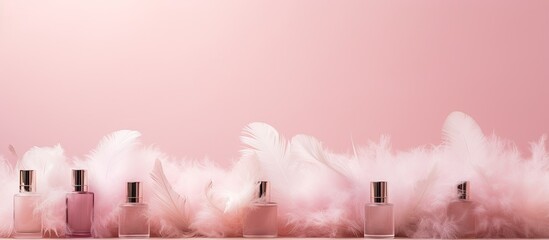 Aufkleber - A collection of spa skincare serums is displayed on a pink pastel backdrop along with a cream jar and ostrich feathers The top view provides a branding mock up with ample space for adding text or ima