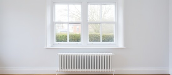 Poster - An empty light room at home showcases a white wall adorned with a plastic window and a radiator creating a copy space image