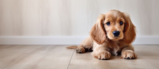 Wall Mural - A charming English Cocker Spaniel puppy rests on the indoor floor providing a perfect copy space image