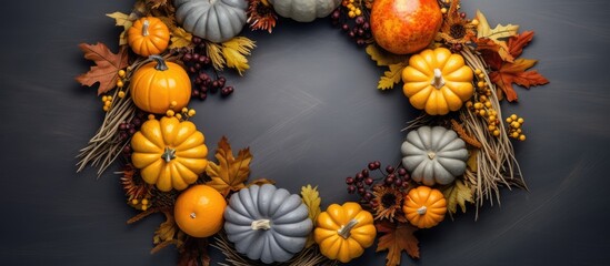 Wall Mural - Seasonal autumn concept with a wreath shaped arrangement of natural and decorative pumpkins surrounded by dry leaves The gray background provides the perfect copy space for Halloween or Thanksgiving