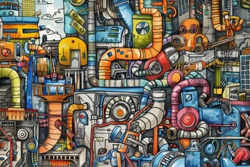 Wall Mural - Cartoon cute doodles of industrial-themed collages combining images of factories, construction sites, and urban landscapes with fun, Generative AI