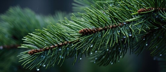 Fototapete - A pine tree with dew covered leaves and small cones on its branches creates an abstract nature background providing ample copy space
