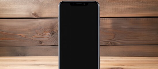 Poster - A black smartphone sits on a wooden table with ample copy space for images