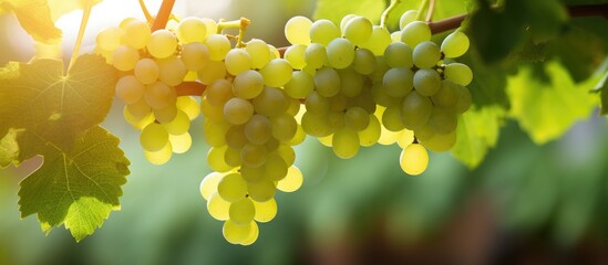 Wall Mural - A cluster of white wine grapes dangle from a vine offering a close up view with ample copy space for customization