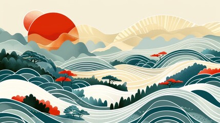 Wall Mural - A modern abstract landscape with a Japanese wave pattern.  