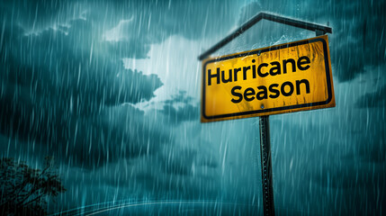 hurricane season on yellow signboard with rainy stormy background, Severe weather alert concept