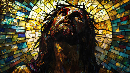 jesus christ with crown of throne in colorful stained glass art