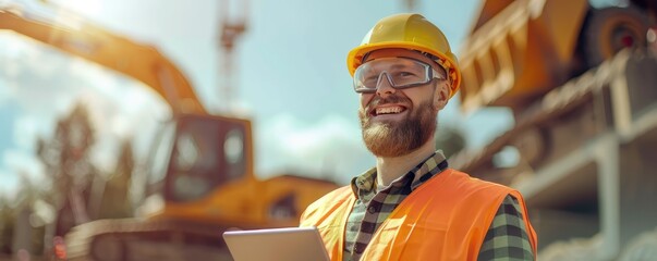 Wall Mural - The image depicts a construction worker in a reflective vest and hardhat using a tablet on a building site.