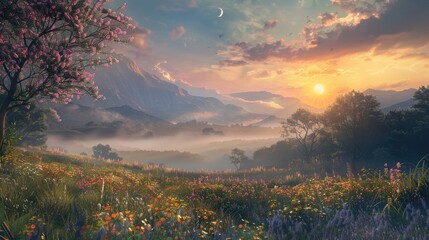 Wall Mural - Experience the enchanting beauty of a rural landscape nestled among majestic mountains where lush pastures are adorned with fragrant herbs Picture the sun and moon gracefully adorning the s