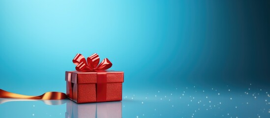 Fototapete - Image of a gift box adorned with a red bow set against a vibrant blue background with ample space available for text