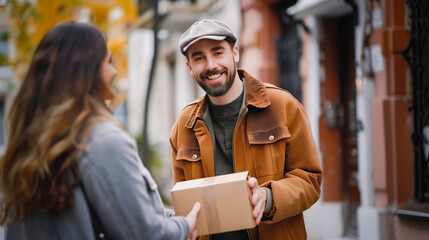 A man is passing a package to a woman in a simple and routine interaction between two individuals