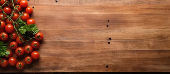 Poster - A from above perspective of a cutting board with cherry tomatoes and a knife with ample empty space in the background for copy space image