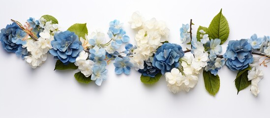 Aufkleber - Top view copy space image of a flat lay floral corner arrangement featuring begonia and small blue flowers isolated on a white background
