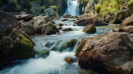 Wall Mural - Beautiful shot of waterfalls flowing near lots stones