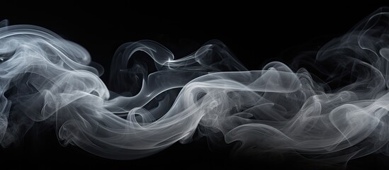Poster - An abstract white smoke overlay effect emerges over a solid black backdrop creating a nature inspired moving smoky steam wave This concept represents environmental pollution clouds cigarettes gas dry