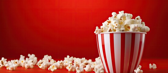 Sticker - A copy space image of white popcorn against a vibrant red background