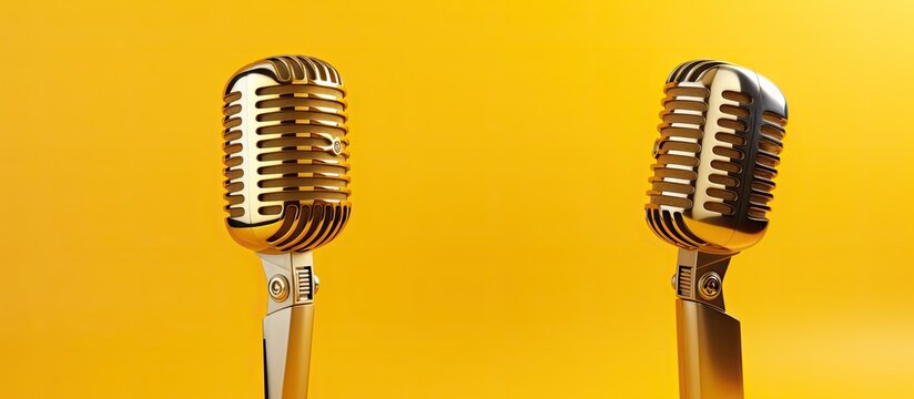 Close up copy space image of two golden microphones isolated on a vibrant yellow background