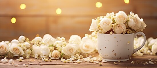 Aufkleber - A copy space image of vintage cup filled with white wedding roses resting on wood background and surrounded by scattered floral petals