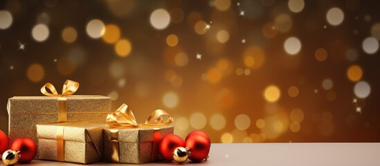 Poster - A festive display of New Year s decorations including a gift box and garland Copy space image