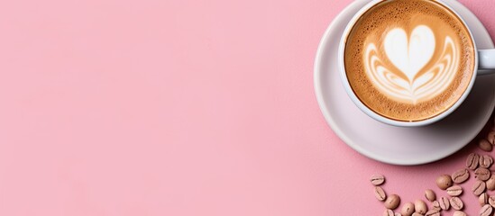 Leinwandbilder - Top view of a cup of coffee with latte art a keyboard surrounded by office tools and a pink background providing ample copy space for design