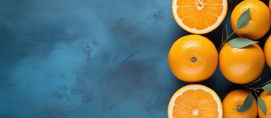 Aufkleber - A top down view of ripe juicy oranges The oranges have been cut in half and are displayed on a blue concrete background A wooden reamer is visible in the image. Creative banner. Copyspace image