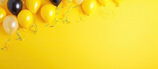Aufkleber - The party theme is brought to life with vibrant balloons confetti and a yellow background creating a top down frame with plenty of copy space image
