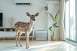 A female reindeer, escaping the heat, stands in the middle of an air-conditioned room. Deer cools down under the cold air of the air conditioner