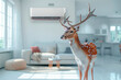 A reindeer with large branching antlers stands in the middle of an air-conditioned living room. The animal cools down under the cold air of the air conditioner, imagining the North Pole