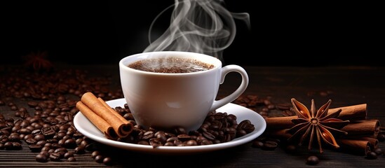 Aufkleber - Aromatic black Arabic coffee is poured into a small white cup placed on a wooden table Surrounding the cup are spilled coffee beans cinnamon sticks and anise stars creating a visually appealing copy