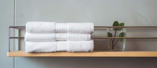 Sticker - A white towel rests in a metal basket on the bathroom shelf providing a visually appealing copy space image