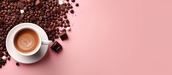 Aufkleber - A top down flat lay view of a cup of steaming hot chocolate accompanied by milk chocolate pieces containing almonds all placed on a pink background with ample empty space for use