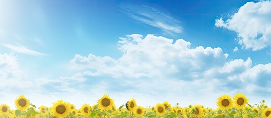 Poster - A sunny day in a field outdoors with sunflowers growing and a wide open space for a captivating copy space image
