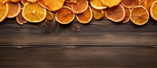 Aufkleber - Top view of orange chips and dried orange slices arranged on a wooden background The horizontal copy space image showcases the vibrant colors of the citrus fruit in a visually appealing flat lay comp